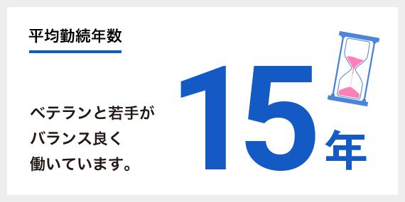 平均勤続年数：15年 ベテランと若手がバランス良く働いています。